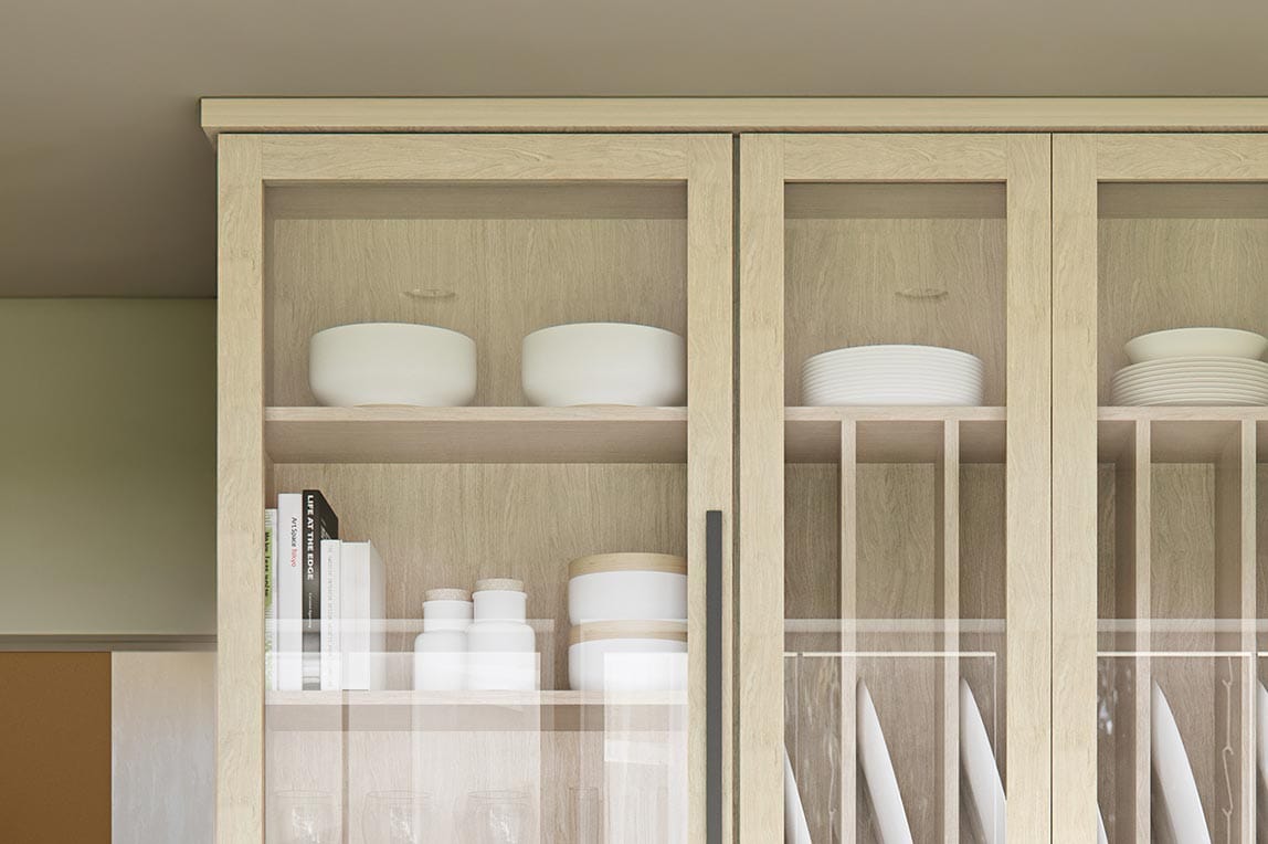 Custom pantry in kitchen with glass doors and light finish by Calfornia Closets